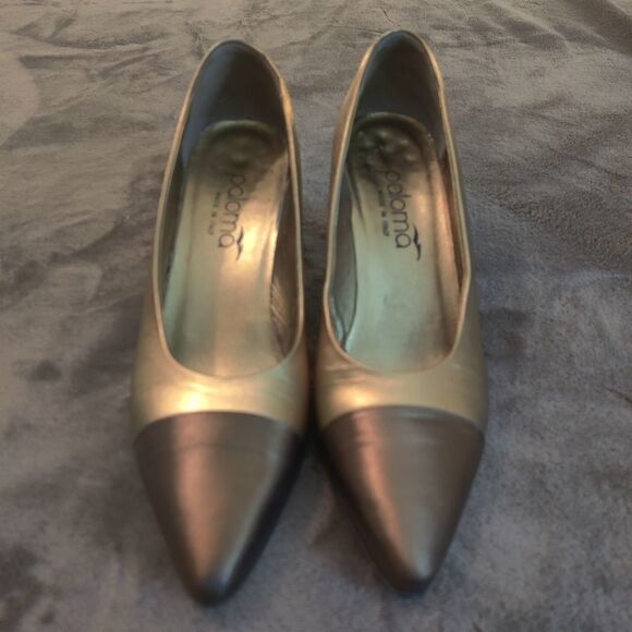 PALOMA two tone gold patent leather and satin heels vintage 7.5 - Picture 7 of 7